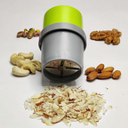 Closeup of the sharp stainless steel dry fruit slicing blade.