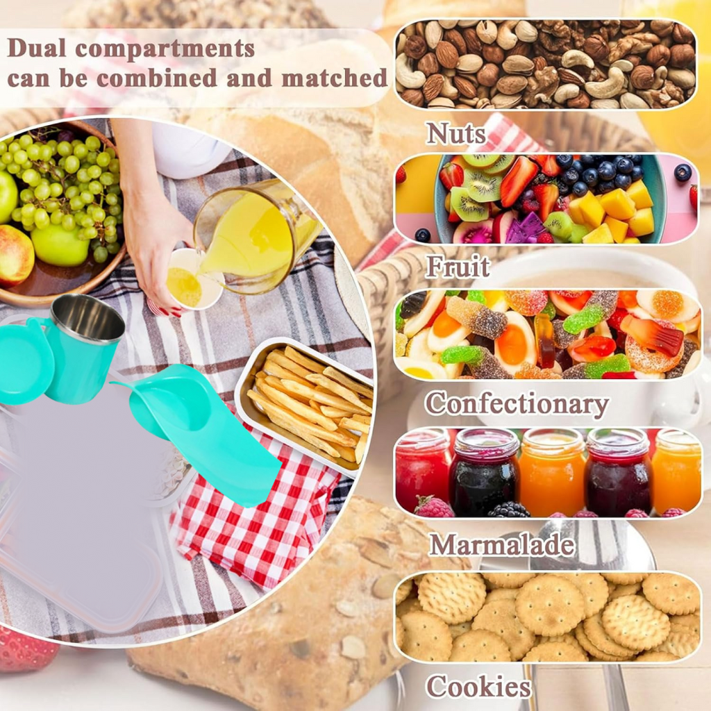 A graphic illustrating the versatile design of the snack tray and cup set.