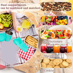 A graphic illustrating the versatile design of the snack tray and cup set.