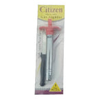 The durable stainless steel gas lighter positioned alongside the kitchen knife.
