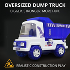 Graphic highlighting the friction power feature of the dumper truck toy.