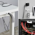 Step-by-step visual instructions for installing the self-adhesive cable clips.