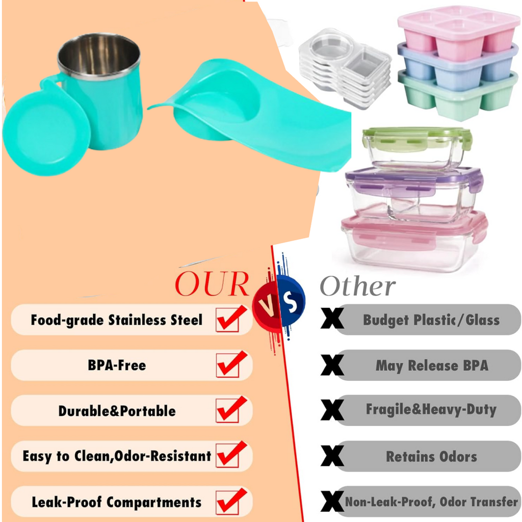 Close-up of the durable plastic snack tray and the inner steel cup.