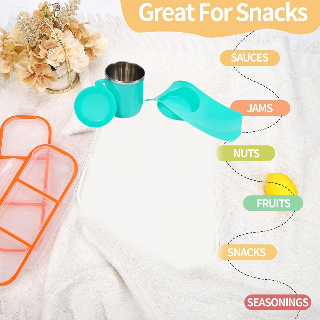 An overhead view showcasing the compartments of the multi-functional snack tray.