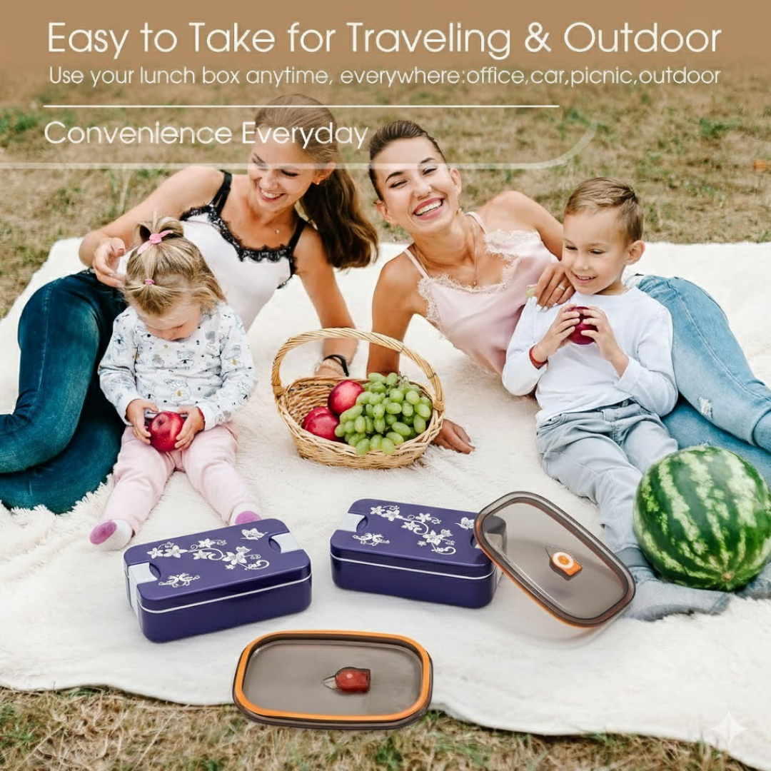 The included reusable spoon neatly tucked into the lid of the compact lunchbox.