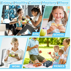 The rectangular lunch box easily fitting into a backpack, highlighting its portable design.