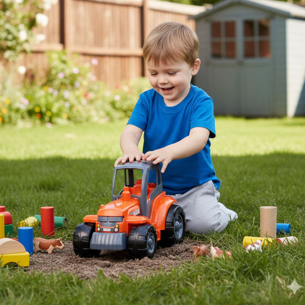 Friction powered toy tractor showing detailed design for children