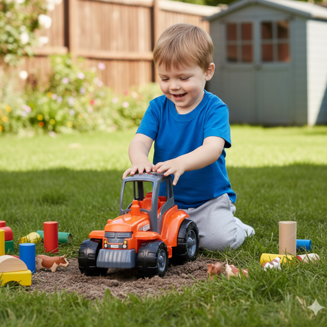 Friction powered toy tractor showing detailed design for children