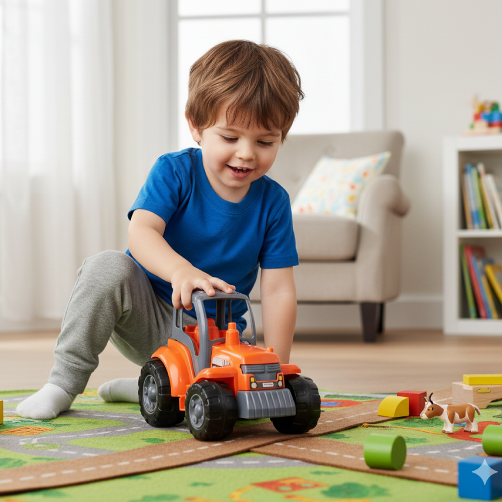 Multicolor toy tractor vehicle for kids’ pretend play and outdoor fun