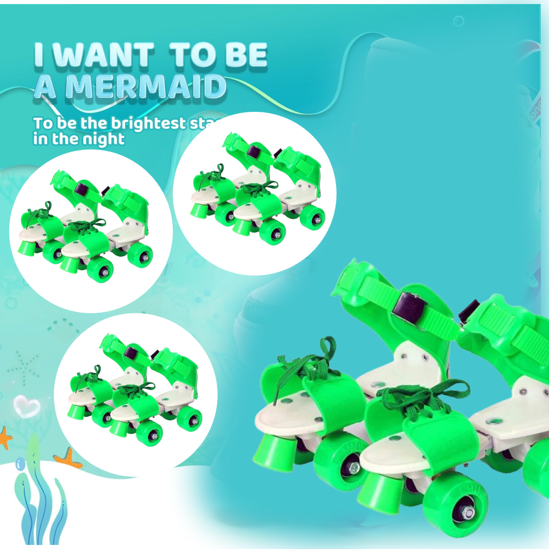 Durable wheels and sturdy base of the adjustable kids roller skates.