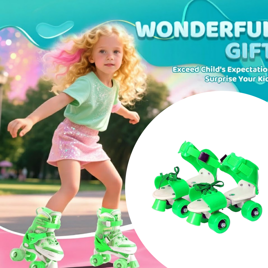 Side view of adjustable kids roller skates, highlighting the size mechanism.