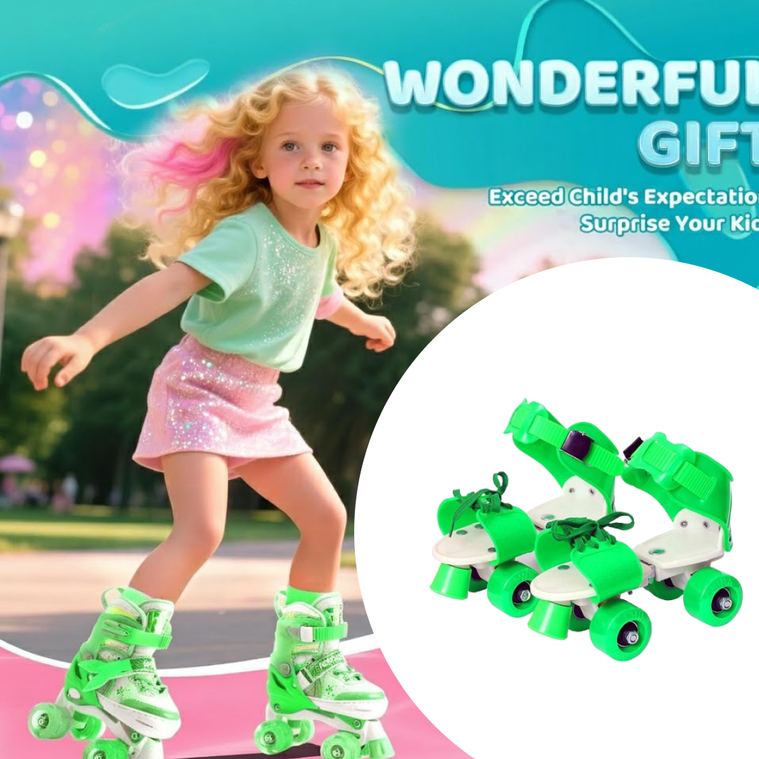Side view of adjustable kids roller skates, highlighting the size mechanism.