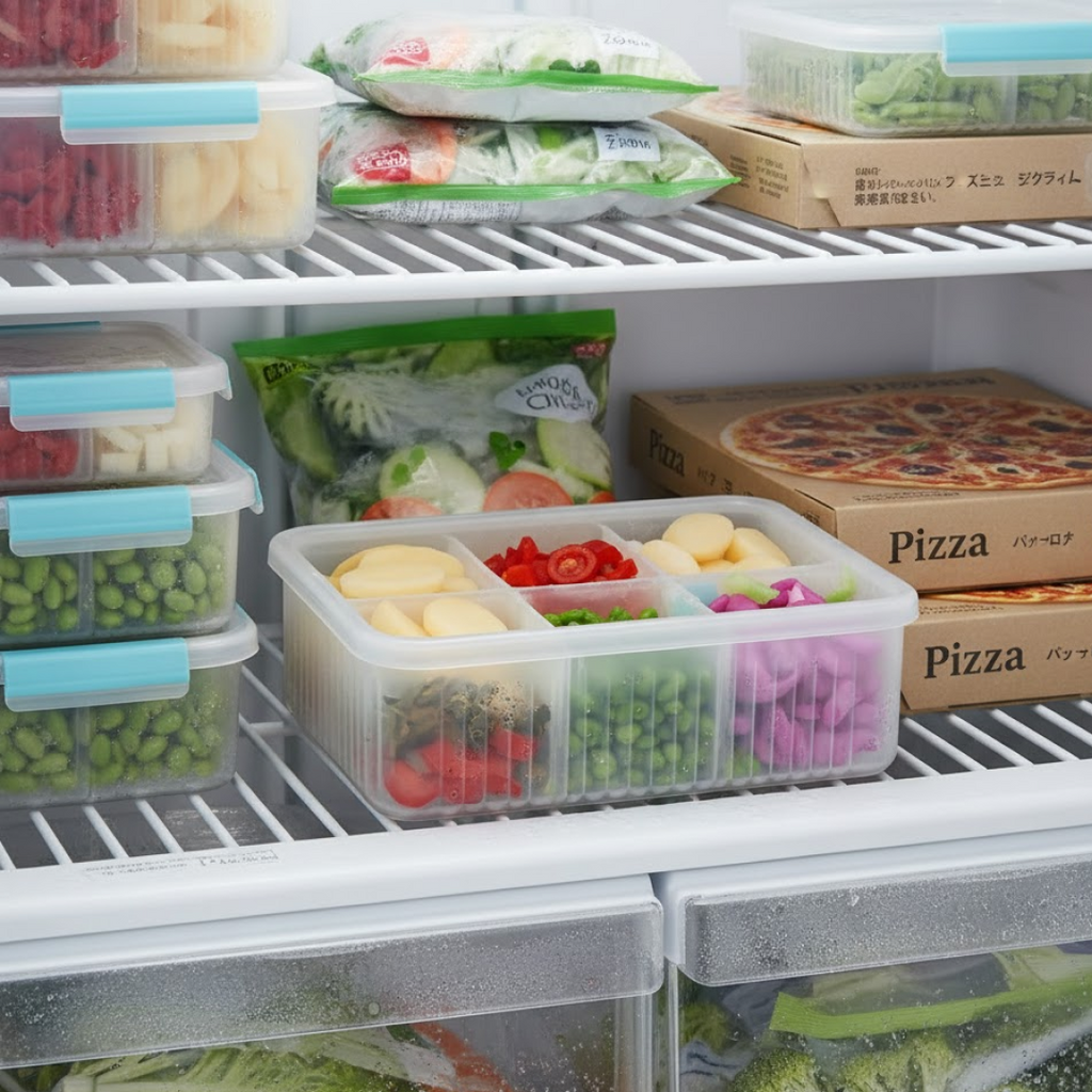 Close-up view of the airtight lid mechanism on a transparent food storage container.