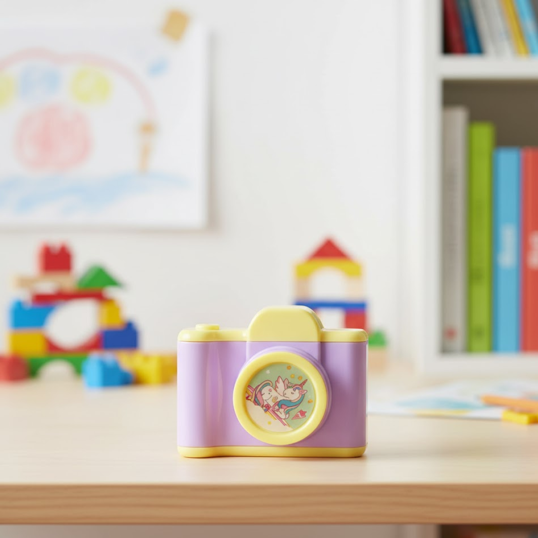 Informational graphic displaying the compact dimensions of the camera shaped sharpener.