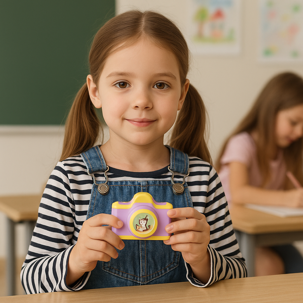 Camera shaped pencil sharpener used in a student's stationery setup, adding a fun element.