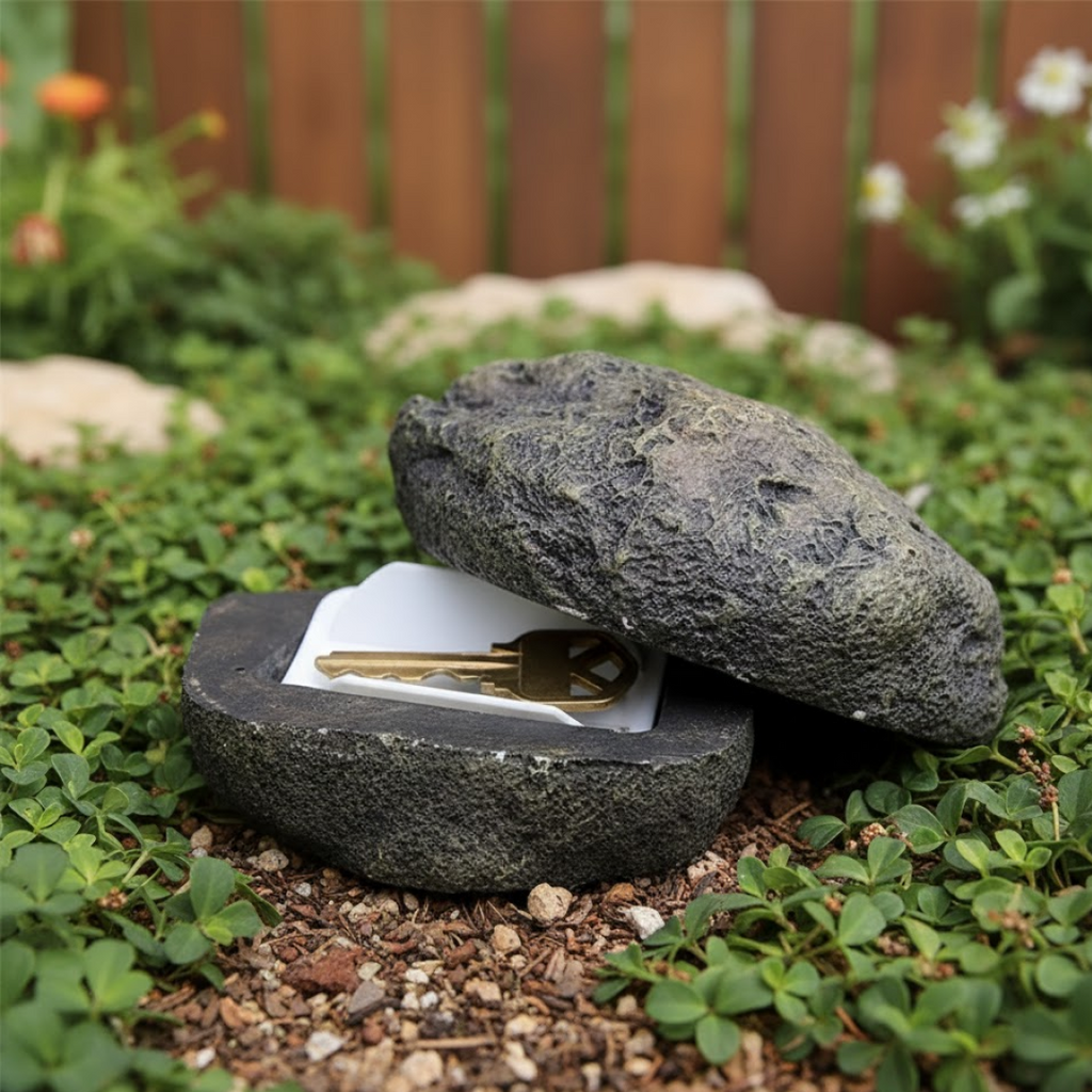 View of the secure hidden storage compartment inside the fake rock for keys.