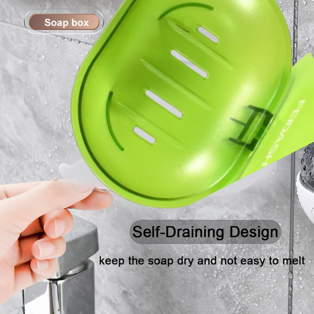 Diagram illustrating the simple self-adhesive installation steps for the soap dish.