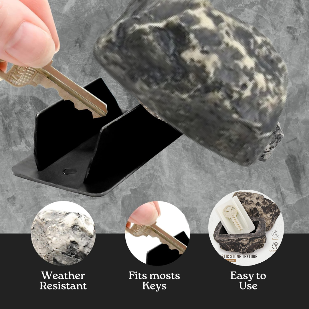 Spare key securely stored within the hidden compartment of the rock key hider.