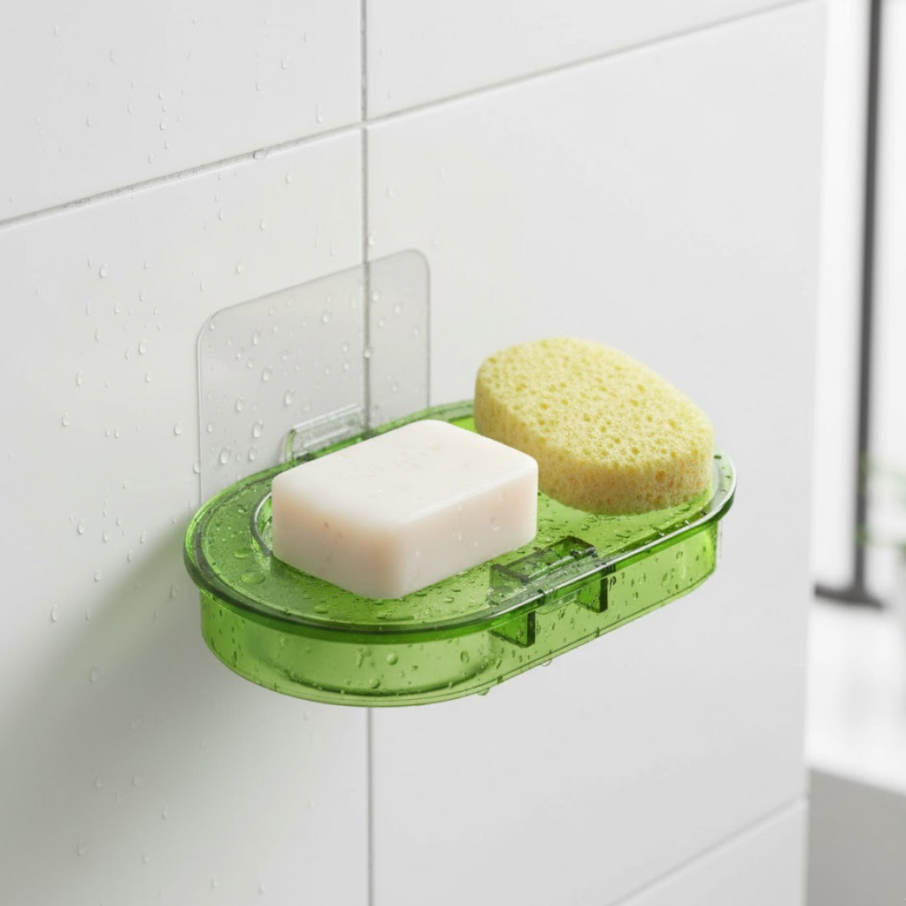 Side view of the white plastic soap dish holder, showcasing its minimalist design.