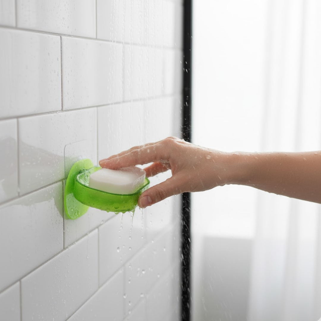 Plastic soap dish holder utilized in a kitchen setting to hold a sponge or soap.