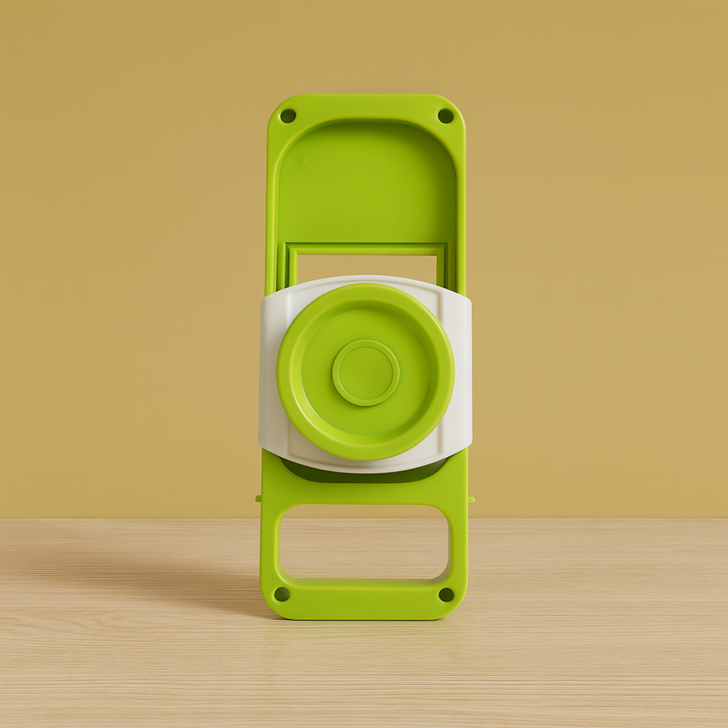 The compact foldable vegetable slicer neatly stored, showcasing its space-saving design.