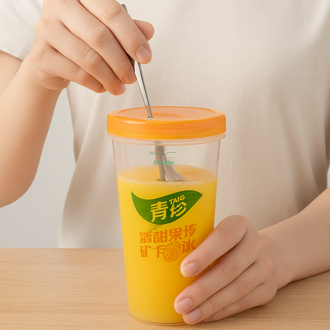 Detail shot highlighting the smooth finish of the plastic coffee cup.