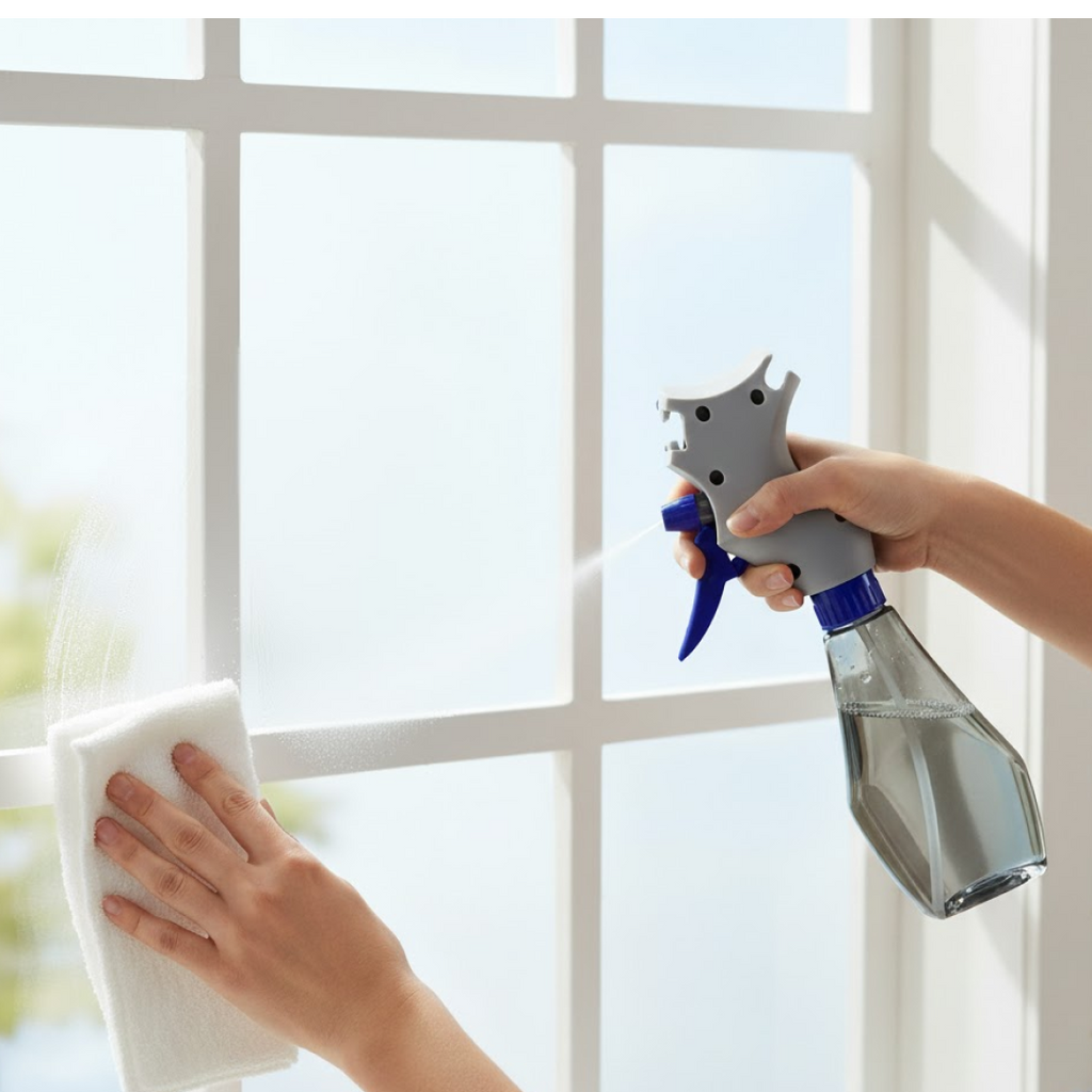 Text overlay with key benefits of the plastic glass cleaner.