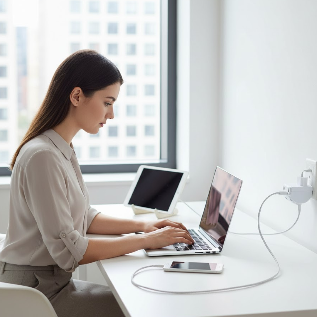Side view highlighting the slim profile of the Tetherix multi-plug socket.