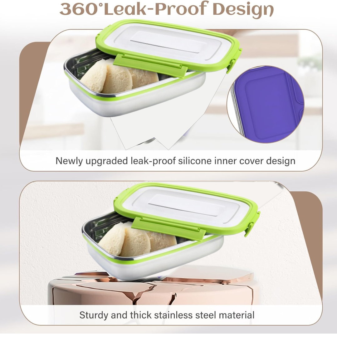 Compact stainless steel lunch pack easily fitting into a school bag.