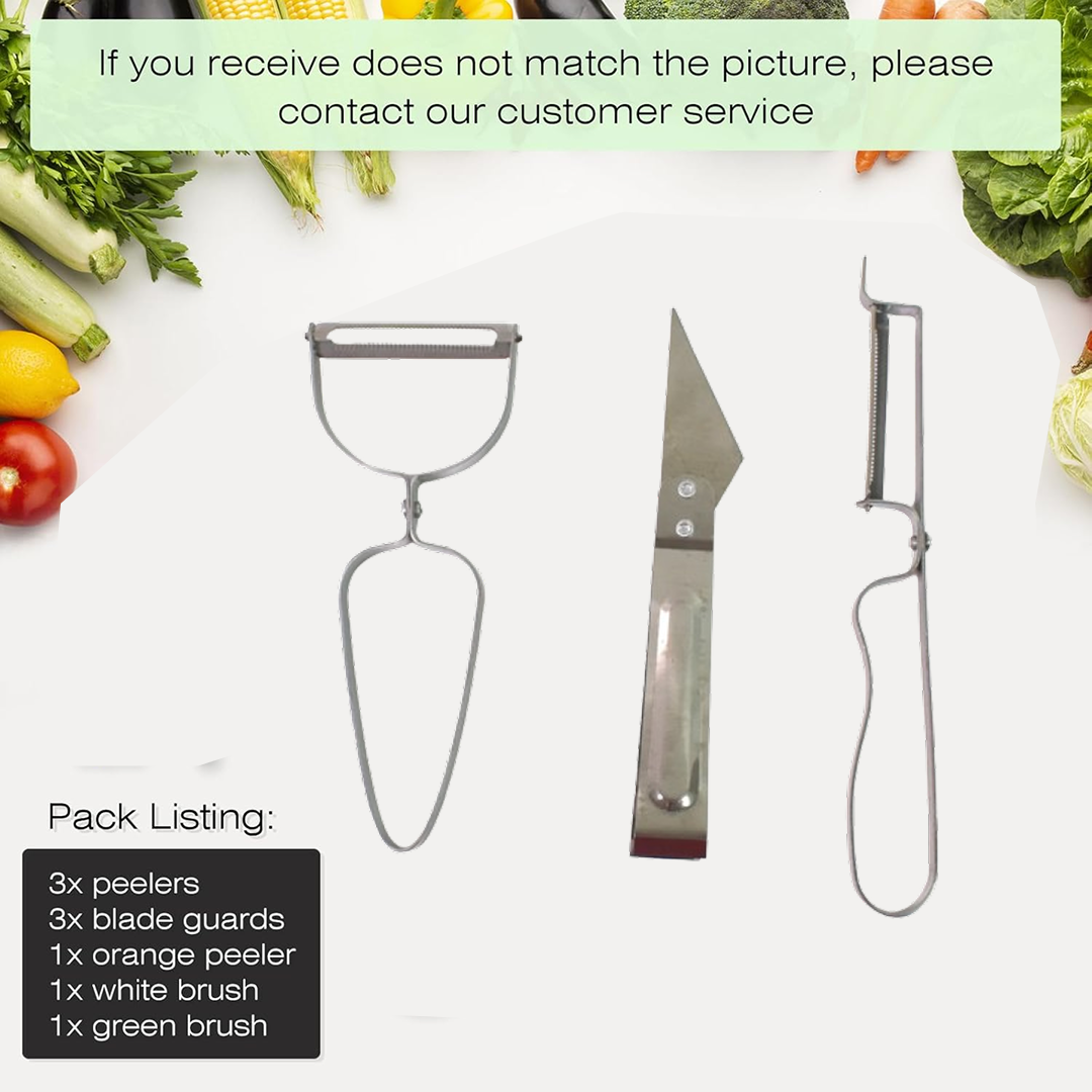 Close-up detail of peeler, slicer, and grater tools in the multifunctional set
