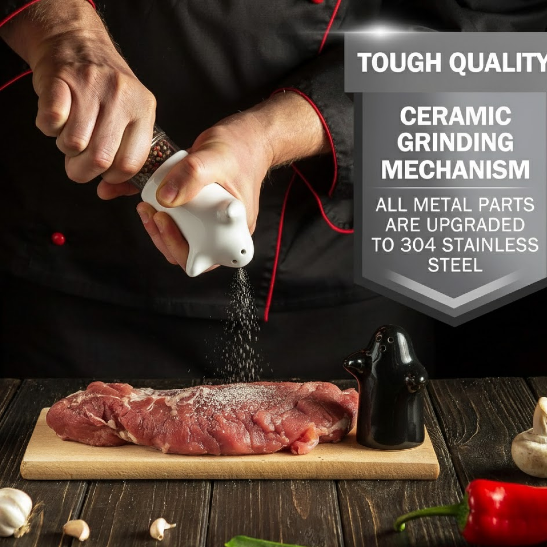 Black pepper and white salt ceramic shakers with modern couple design