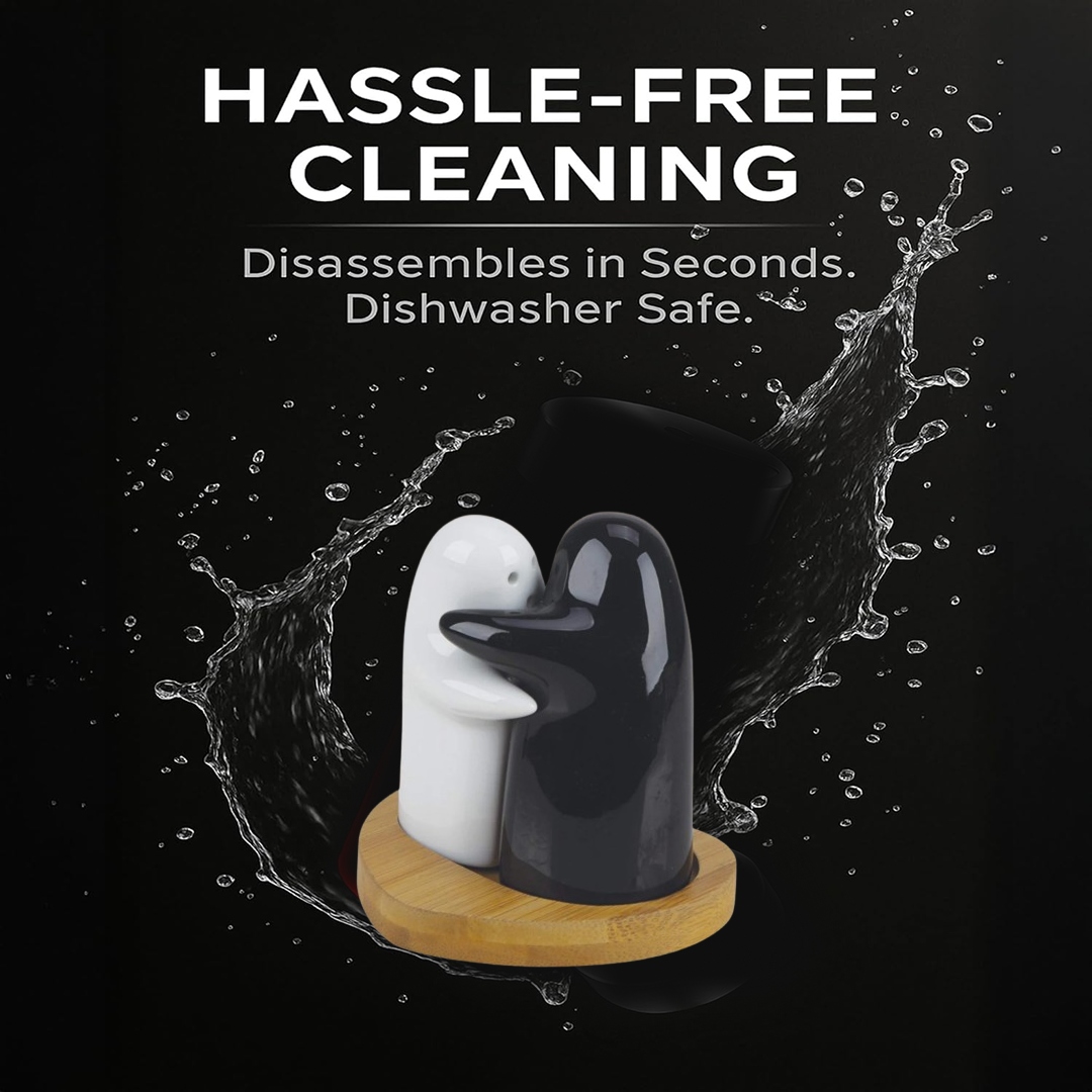 Side view of ceramic salt and pepper shakers featuring hug design