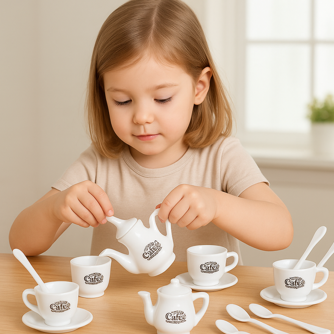 Close-up of a miniature plastic coffee cup and saucer for imaginative play.