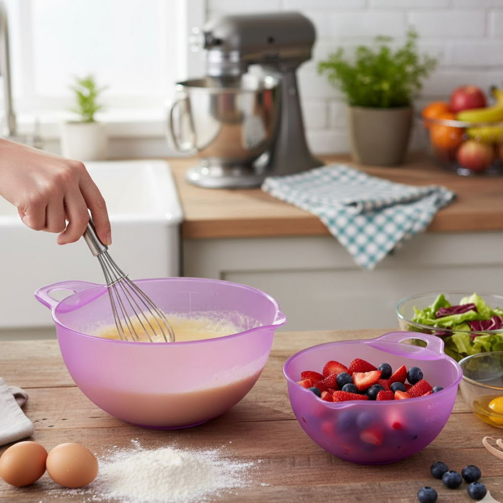 Stacked BPA-free plastic mixing bowl set for space-saving storage