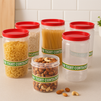Close-up of a single round food storage container with a secure lid.