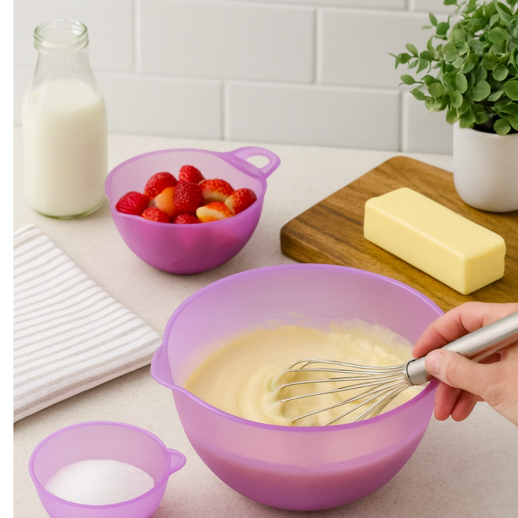 Lavender colored lightweight plastic prep bowls with handle and spout