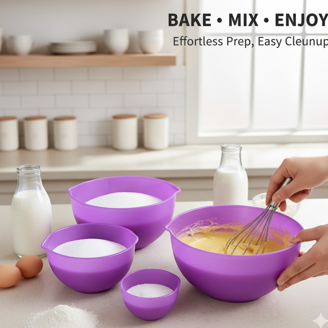 Side view showing BPA-free plastic mixing and measuring bowls with handle
