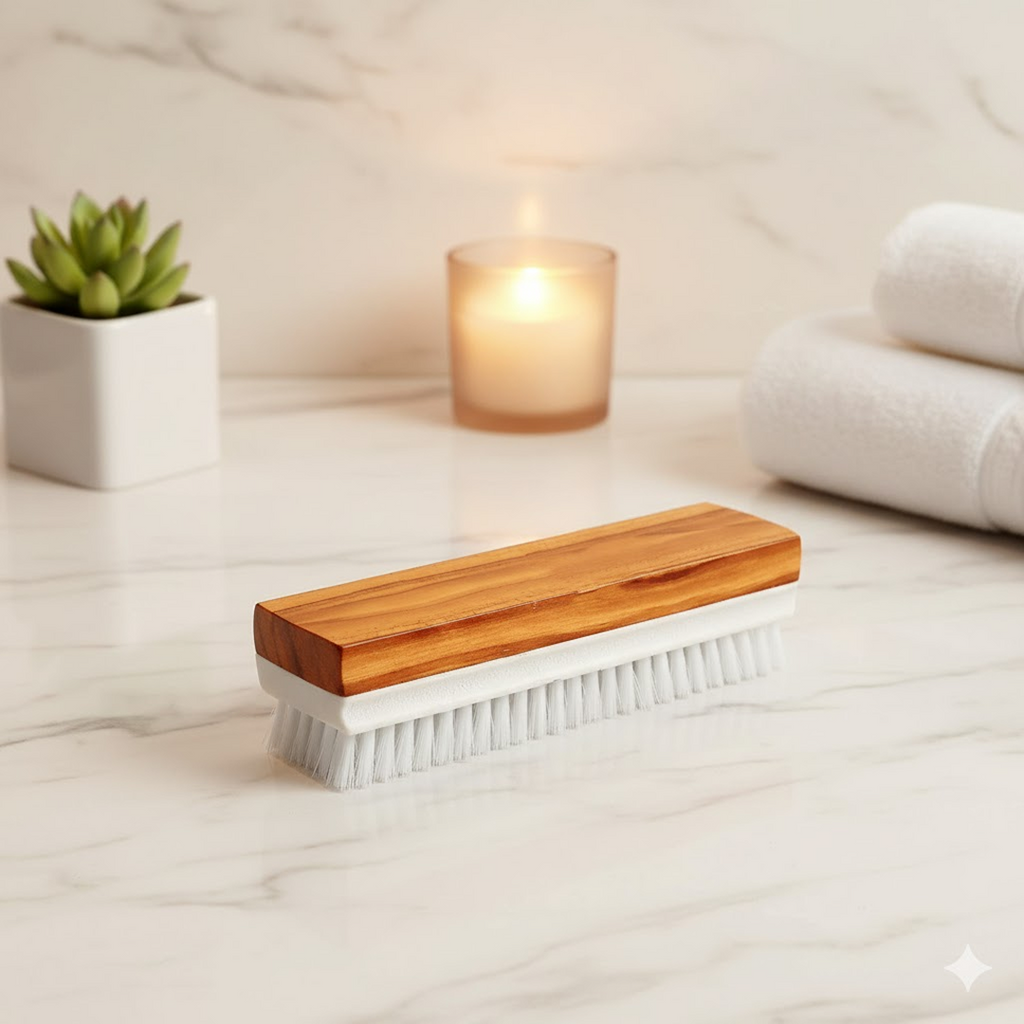 Close-up of ergonomic wooden-finish handle on Veepee washing and cleaning brush