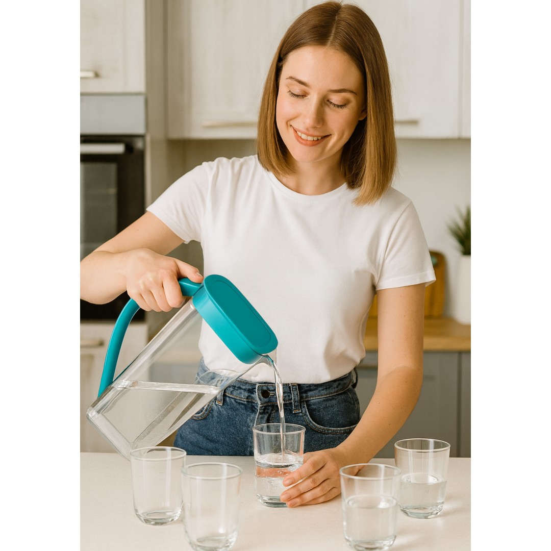 Mixed arrangement of the plastic jug and six glasses set