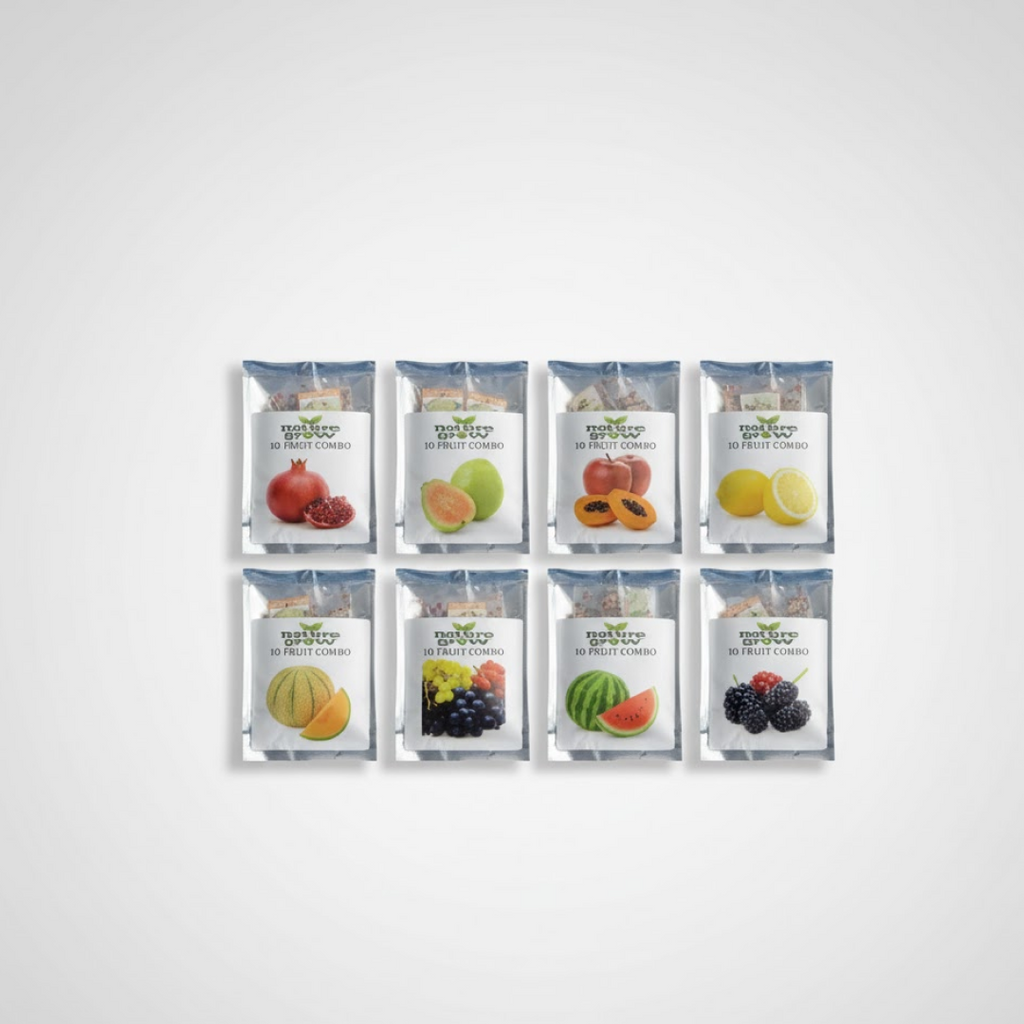 Display showing 10 different fruit seed varieties included