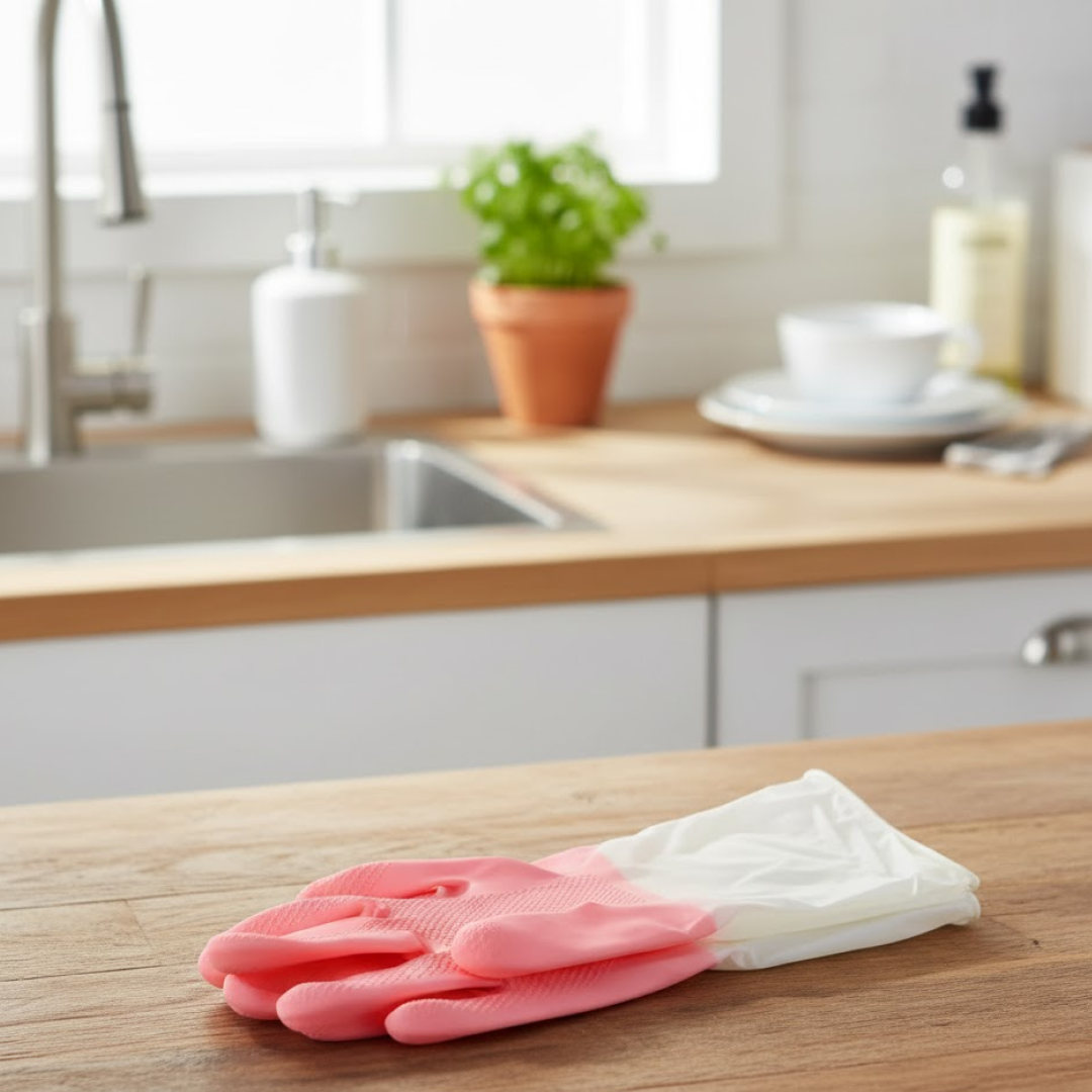 Close-up of textured non-slip grip on reusable cleaning gloves palm