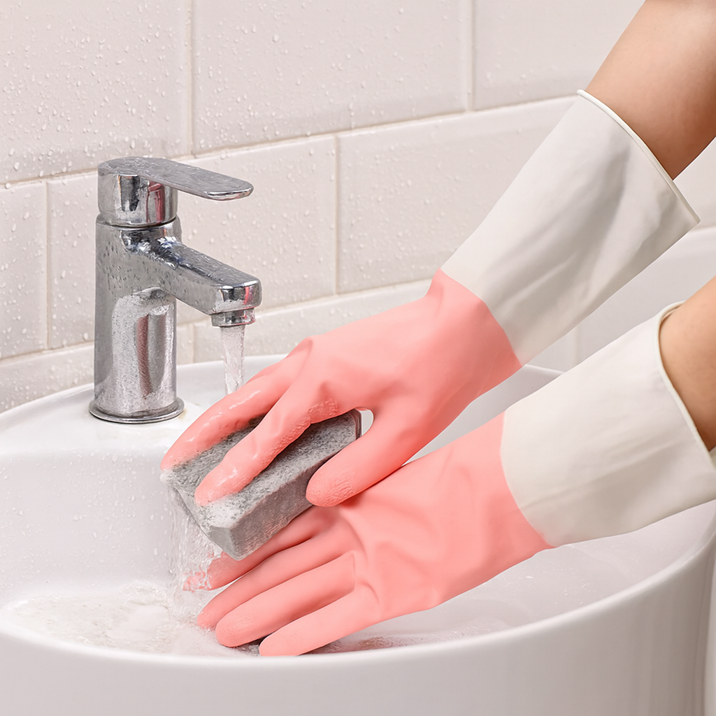 Reusable cleaning gloves showing their long cuff protecting forearm