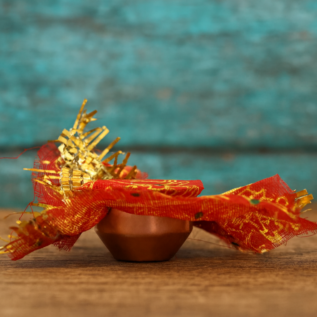 Close-up of foil deity and yantra tokens included in mini kalash pooja set