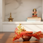 Decorative cloth cover and golden lace on copper-style mini kalash pooja set