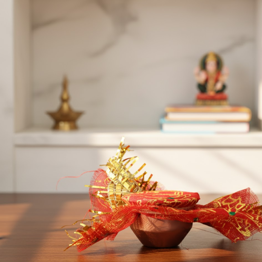 Decorative cloth cover and golden lace on copper-style mini kalash pooja set