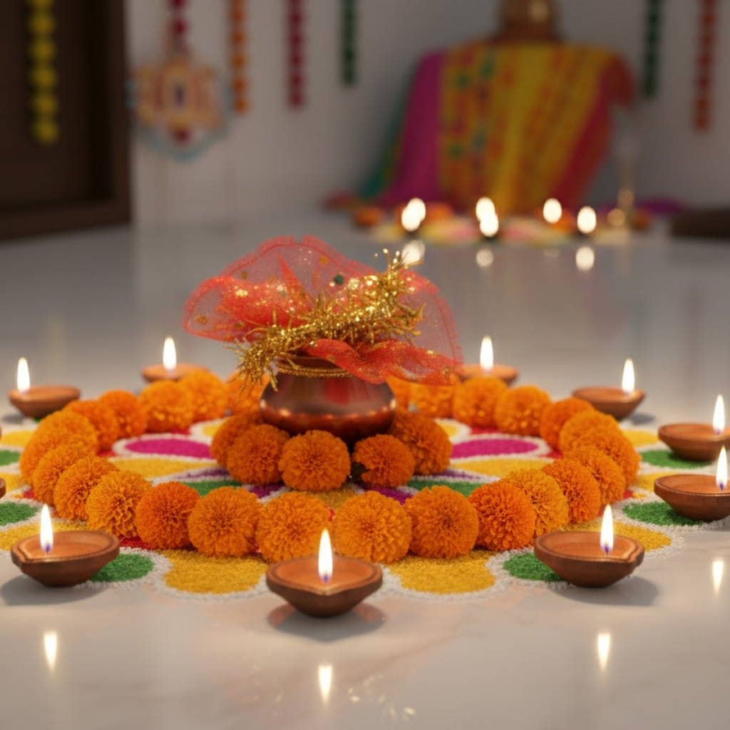Complete setup of mini kalash pooja set with traditional items for worship
