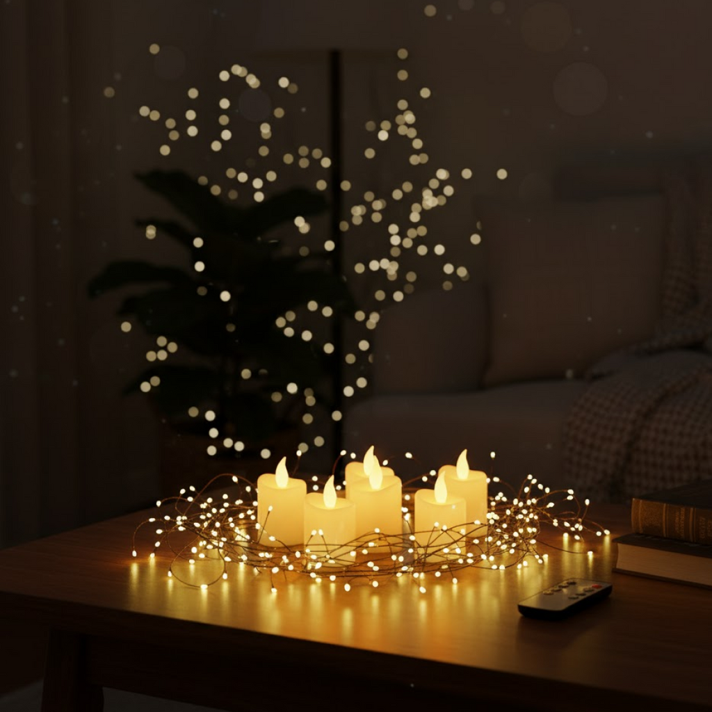 Warm flickering LED candle light effect from flameless candle set