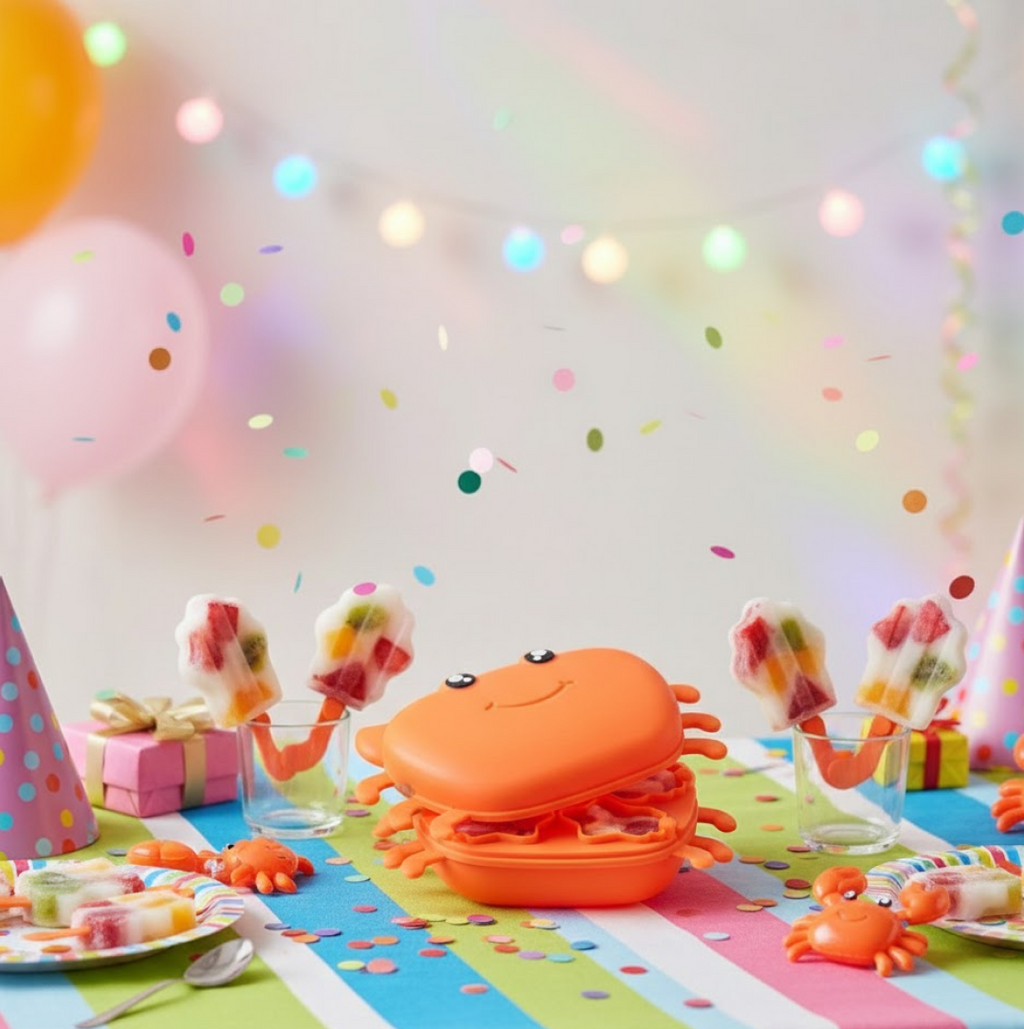 Multiple colorful crab-shaped ice molds displayed together.