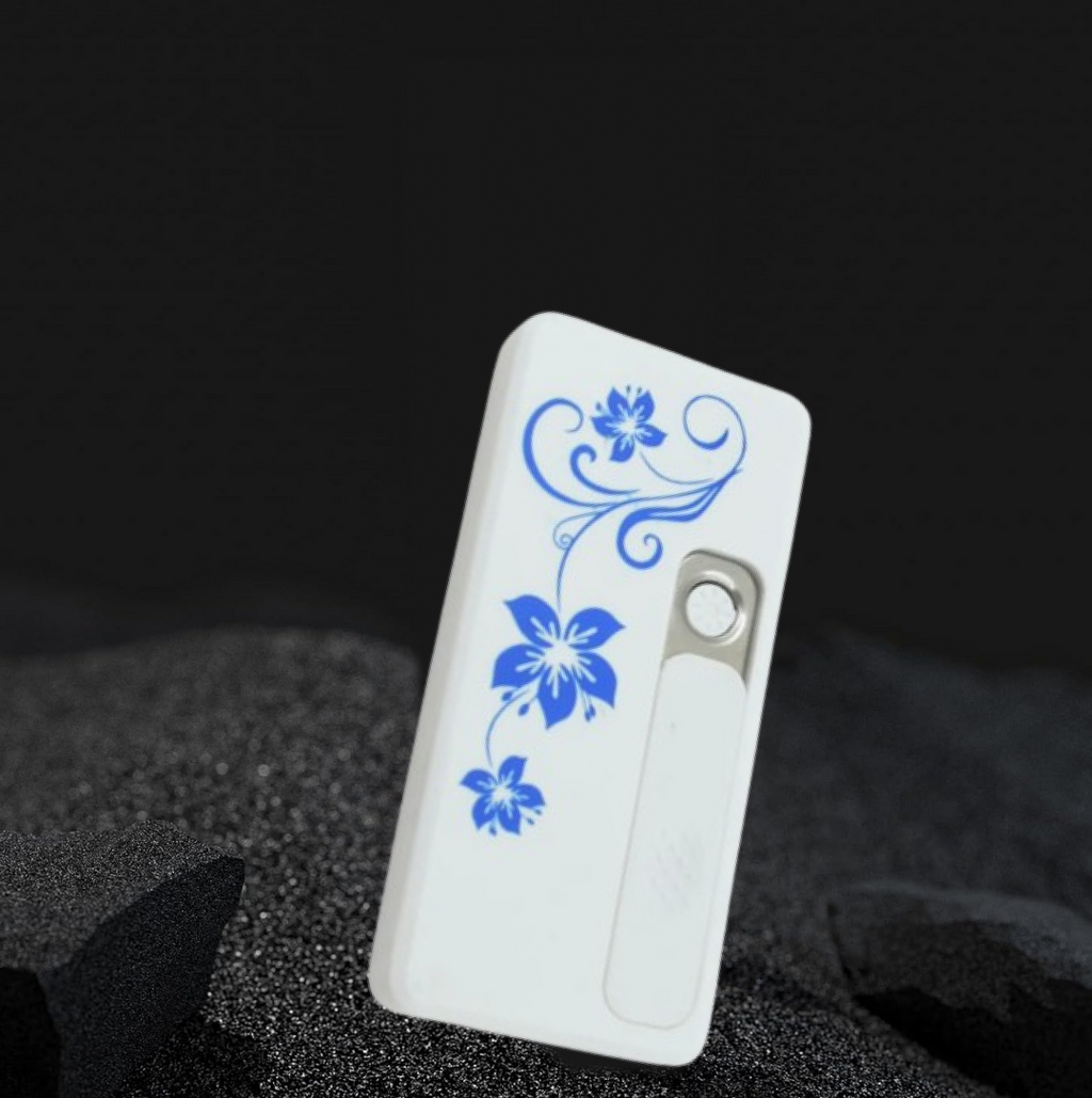 Modern flameless lighter with its USB charging cable.