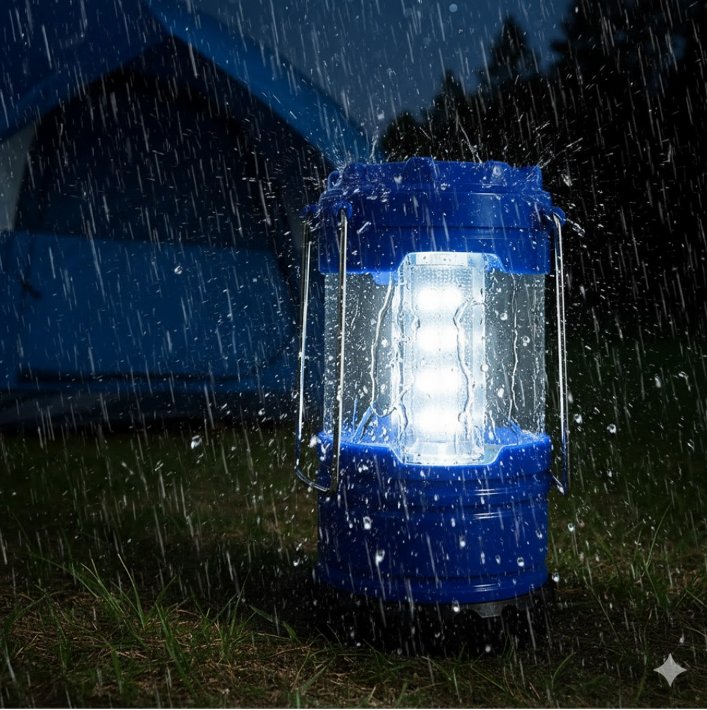 Bright white LED light from the camping lantern illuminating a dark area.